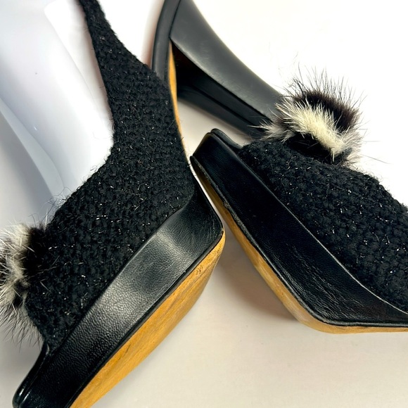 KATE SPADE Galore Black Boucle Tweed Mink Fur Bow Slingback Peep‎ Toe Heels Pump - Picture 10 of 17